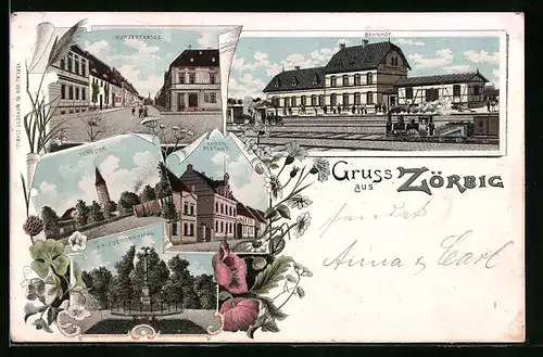 Lithographie Zörbig, Kurzestrasse, Bahnhof, Schloss, Kaiserl. Postamt und Kriegerdenkmal