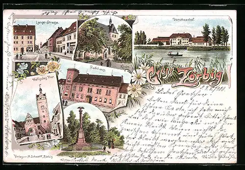 Lithographie Zörbig, Lange Strasse, Dorotheenhof, Hallisches Thor und Rathaus mit Kriegerdenkmal