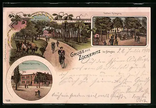 Lithographie Zöckeritz bei Bitterfeld, Garten-Anlagen, Waldgasthaus und Forstmeisterei