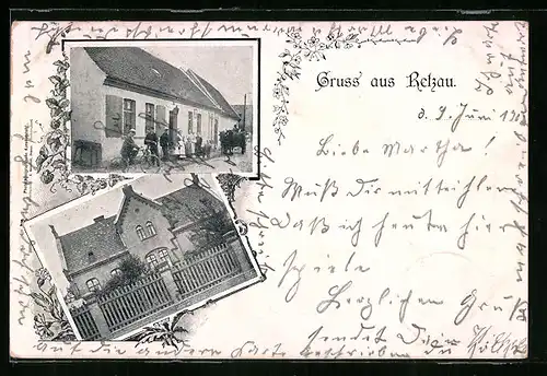 AK Retzau, Gasthof und Schule in der Strassenansicht