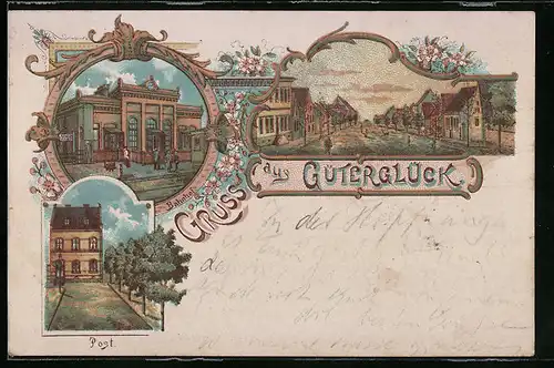 Lithographie Güterglück, Bahnhof, Strassenpartie und Post