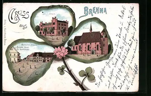 Passepartout-Lithographie Brehna, Bundeshotel für Radfahrer in der Halleschen Strasse, Schule und Kirche