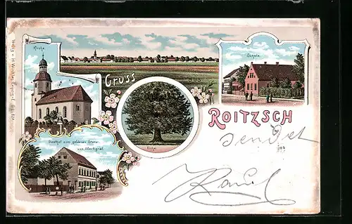 Lithographie Roitzsch, Gasthof zum goldenen Stern von Markgraf, Kirche, Eiche und Schule