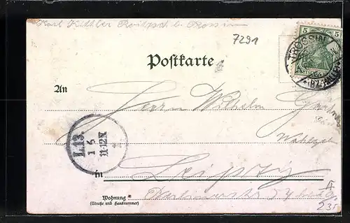 Lithographie Roitzsch, Gasthof zum goldenen Stern von Markgraf, Kirche, Eiche und Schule