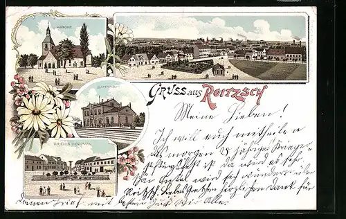 Lithographie Roitzsch, Kirche, Bahnhof, Kriegerdenkmal und Totalansicht