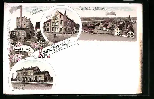 Lithographie Raguhn i. Anh., Lindner`s Emaillirwerk, Rathaus, Bahnhof und Papierfabrik mit Mühlenwerken