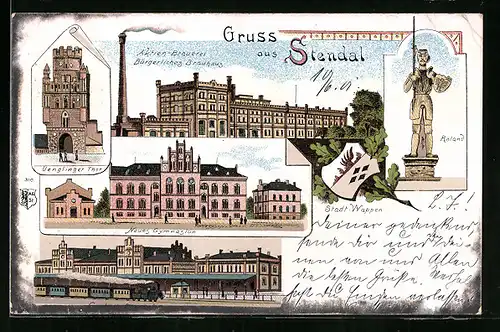 Lithographie Stendal, Aktienbrauerei, Uenglinger Thor, Neues Gymnasium, Bahnhof und Roland