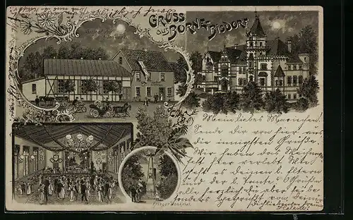 Mondschein-Lithographie Borne-Bisdorf, Gasthof von A. Schuppe, Kriegerdenkmal