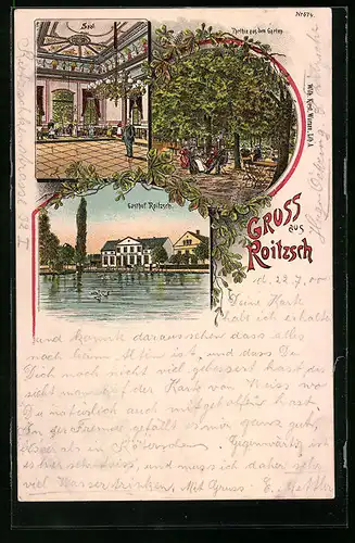 Lithographie Roitzsch, Blick zum Gasthof, Saal, Garten