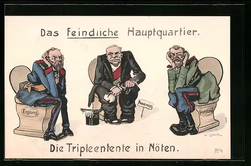 Künstler-AK H. Zahl: Das feindliche Hauptquartier, Die Tripleentente in Nöten, Propaganda 1. Weltkrieg