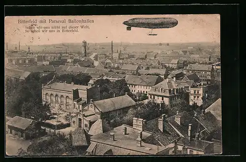 AK Bitterfeld, Luftschiff Parseval über der Stadt mit Ballonhallen