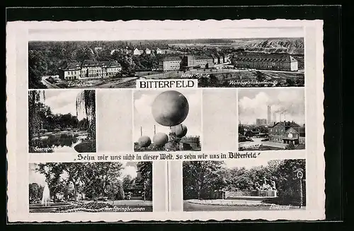 AK Bitterfeld, Ballone, Teilansicht, Wehrbezirkskommando, Bahnhof, Seerosenteich