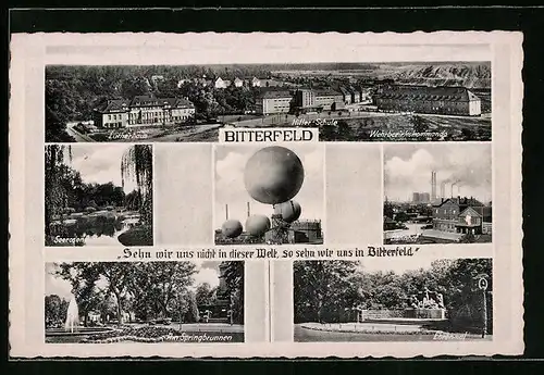 AK Bitterfeld, Ballone, Teilansicht, Lutherhaus, Schule, Ehrenmal