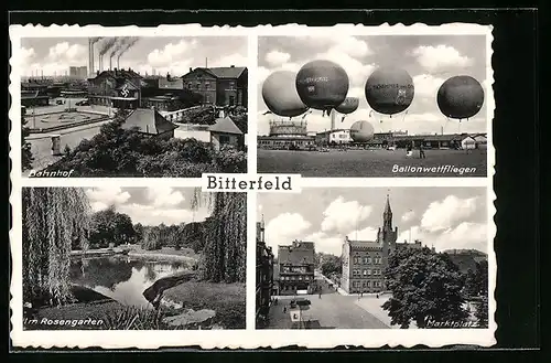 AK Bitterfeld, Ballonwettfliegen, Ballone von Tschammer und Osten, Bruno Loerzer, Marktplatz, Rosengarten