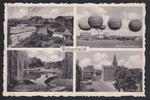 AK Bitterfeld, Ballonwettfliegen, Rosengarten, Bahnhof, Marktplatz