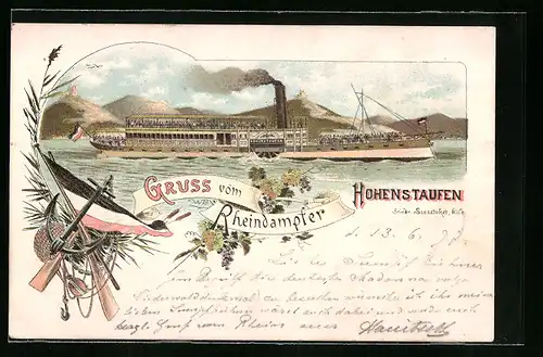 Lithographie Rheindampfer Hohenstaufen in voller Fahrt