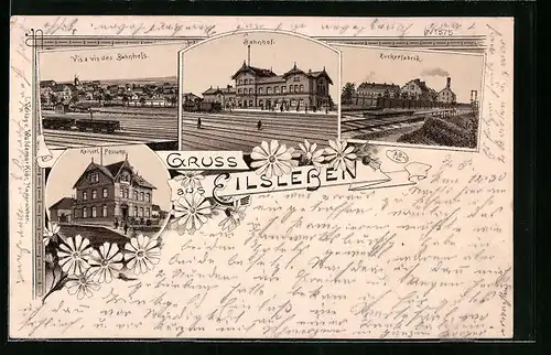 Lithographie Eilsleben, Bahnhof, Zuckerfabrik, Kaiserl. Postamt
