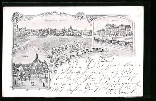 Lithographie Eilsleben, Ortsansicht, Bahnhof und Kirche