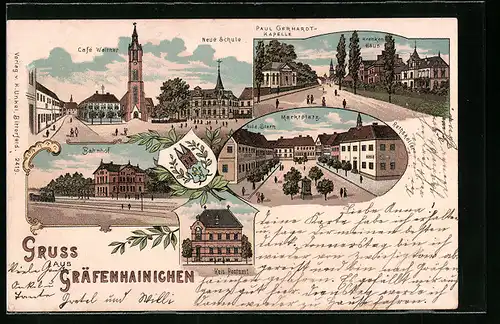Lithographie Gräfenhainichen, Bahnhof, Café Walther, Neue Schule, Marktplatz