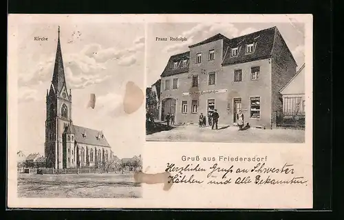 AK Friedersdorf, Kirche und Gasthaus Franz Rudolph