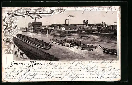 Lithographie Aken a. d. Elbe, Ortsansicht mit Lastkähnen und Raddampfer