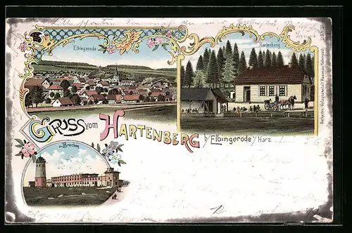 Lithographie Elbingerode i. H., Gasthaus Hartenberg, Totalansicht und Wetterstation auf dem Brocken