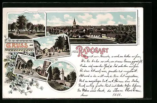 Lithographie Radegast, Gasthof zum weissen Ross, Dessauer-Strasse, Der Teure Christian und Marktplatz