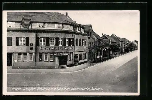 AK Greppin, Gasthaus Finsterbusch und Blick in die Wachtendorfer Strasse
