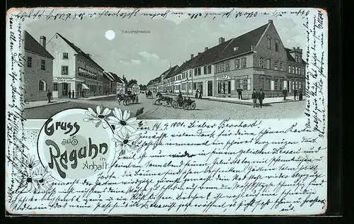 Mondschein-Lithographie Raguhn i. Anh., Passanten in der Hauptstrasse