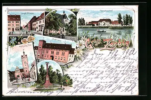 Lithographie Zörbig, Lange-Strasse, Kirche, Dorotheenhof, Hallesches Tor und Rathaus