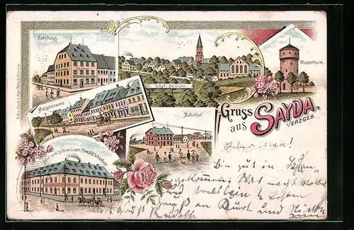Lithographie Sayda i. Erzgeb., Hotel zum gold`nen Löwen, Rathaus, Hauptstrasse und Wasserturm