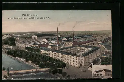 Künstler-AK Raguhn i. A., Maschinenbau und Metallltuchfabrik AG aus der Vogelschau