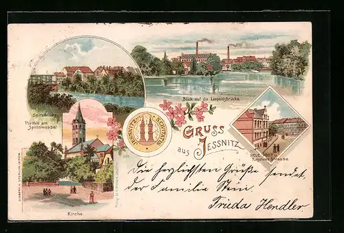 Lithographie Jessnitz i. A., Blick auf die Leopoldsbrücke, Spittelbrücke, Kirche, Neue Post