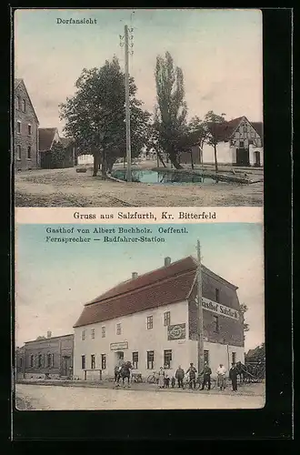 AK Salzfurth b. Bitterfeld, Gasthof von Albert Buchholz mit Radfahrer-Station, Dorfansicht