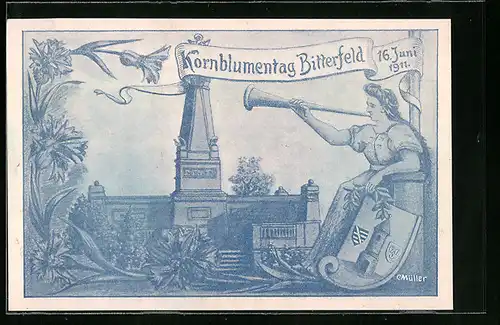 Künstler-AK Bitterfeld, Kornblumentag 1911, Denkmal und Frau mit Fanfare u. Wappen