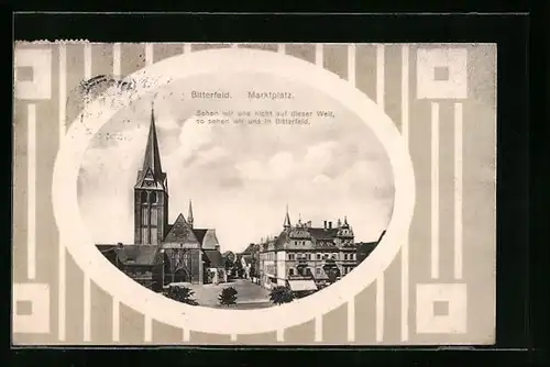 AK Bitterfeld, Marktplatz mit Geschäft und Kirche, Passepartout