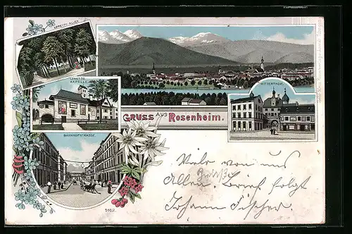 Lithographie Rosenheim, Loretto-Kapelle, Loretto-Allee, Mittertor