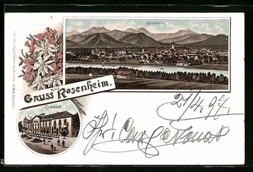 Lithographie Rosenheim, Hotel Kaiserbad, Teilansicht