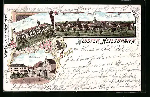 Lithographie Heilsbronn, Kloster Heilsbronn, Totalansicht, Münsterkirche, Münsterplatz