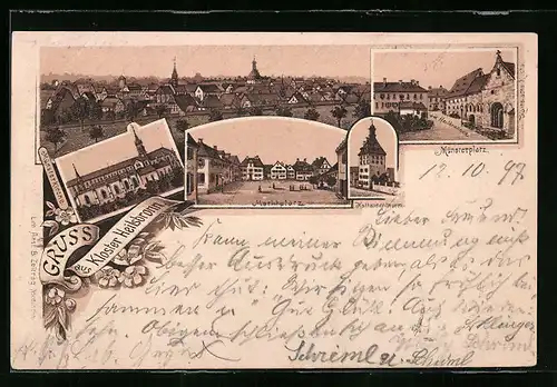 Lithographie Heilsbronn, Kloster Heilsbronn, Münsterkirche, Münsterplatz