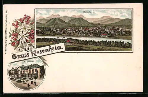 Lithographie Rosenheim, Hotel Kaiserbad, Teilansicht