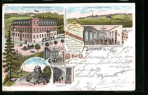 Lithographie Schöneck i. V., Funk`s Hotel zum Schützenhaus, Innenansichten Tanzsaal und Jagdzimmer