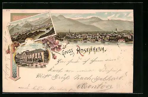 Lithographie Rosenheim, Hotel Kaiserbad, Teilansicht, Panorama