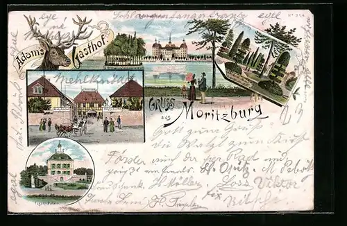Vorläufer-Lithographie Moritzburg, 1895, Gasthof Adam, Königliches Jagdschloss, Fasan-Palais
