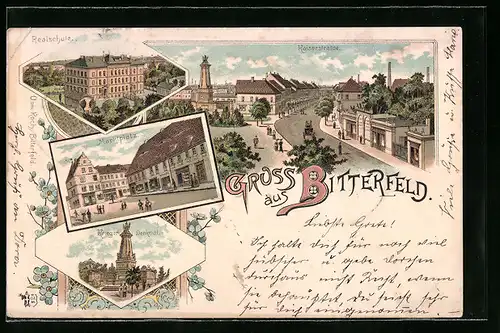 Lithographie Bitterfeld, Realschule, Marktplatz, Krieger-Denkmal