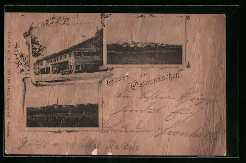 Holzfurnier-AK Ostermünchen, Teilansicht, Gebäudeansicht, Ortspartie