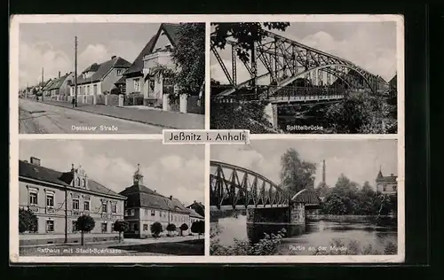 AK Jessnitz i. Anhalt, Spittelbrücke, Dessauer Strasse, Rathaus mit Stadt-Sparkasse