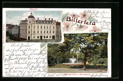 Lithographie Bitterfeld, Kaiserhof, Springbrunnen und Binnengärten