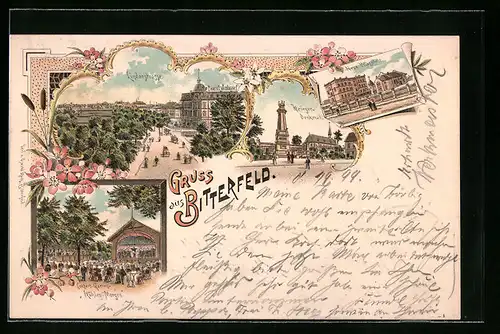 Lithographie Bitterfeld, Lindenstrasse, Kriegerdenkmal, Neue Volksschule