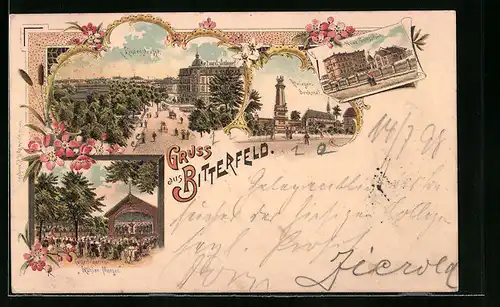 Lithographie Bitterfeld, Lindenstrasse, Kriegerdenkmal, Neue Volksschule